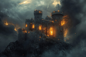 Fototapeta premium A cursed castle with crumbling stone walls, eerie glowing lights inside, and dark storm clouds swirling overhead.