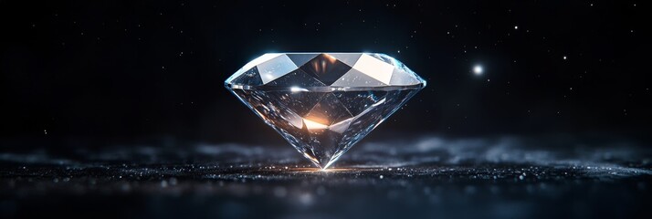 A single, perfectly cut diamond sparkles brightly against a dark, black background.  The diamond is a symbol of luxury, wealth, and purity. The black background provides a dramatic contrast that highl
