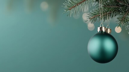A single green Christmas ornament hangs from a pine branch against a soft teal background, capturing the essence of holiday cheer with its simple yet festive design.