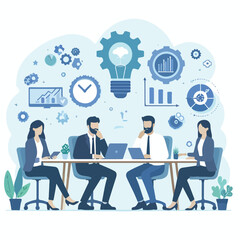 Partners meeting for business discussion with documents and laptop on desk. Couple at round table, speaking, discussing work, partnership. Flat vector illustration isolated on white background