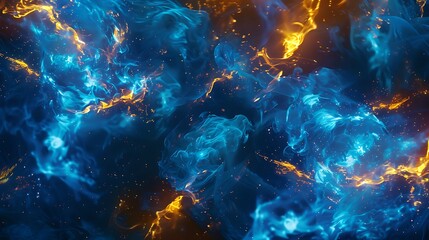 a vibrant abstract background with blue flames, neon accents, and glowing yellow fire elements seamlessly blending, forming a surreal and electrifying atmosphere