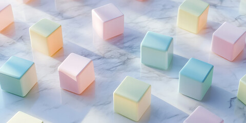 Fototapeta premium A scattering of pastel-colored cubes on a light marble surface, with soft shadows and gradients creating a calming, modern composition.
