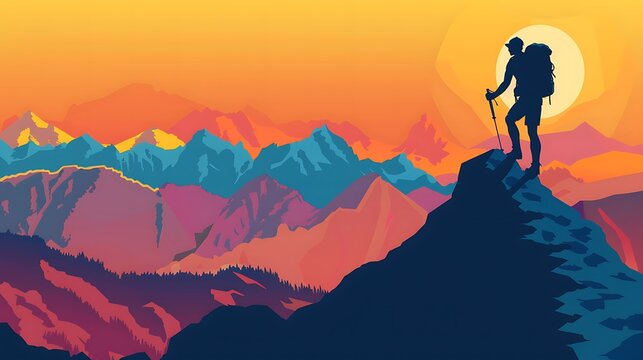 A vector illustration of a hiker silhouetted against the mountains, with bold colors and a dynamic side view capturing the spirit of adventure