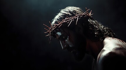 Fototapeta premium Jesus with a crown of thorns on his head, in side view, against a dark background