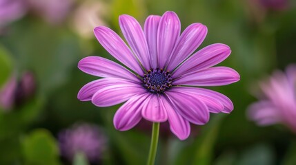 A single purple flower with a dark center blooms in a green field.