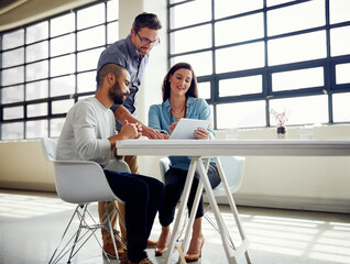 Business, people and happy on tablet at office in meeting with teamwork, collaboration and ideas...