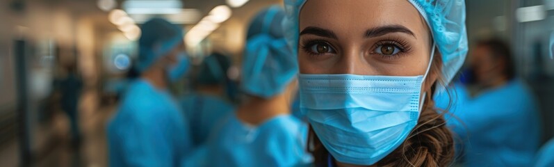 Woman wearing a surgical mask and blue scrub suit