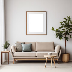 Mockup of a 4x5 brown vertical wooden frame with mat in a modern living room interior with a beige sofa and green plants. Artwork, poster, art print, wall art mockup.