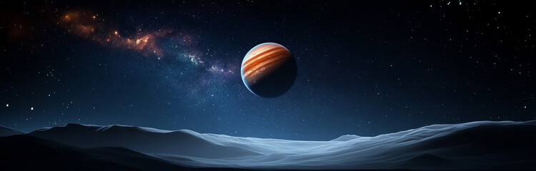 A solitary gas giant with swirling bands of color dominates the night sky above an alien landscape. The planet's surface, a vast expanse of white, is bathed in the soft glow of the distant star.  The 