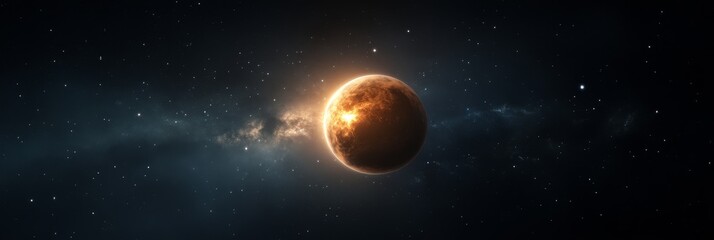 Fototapeta premium A solitary planet, radiating a warm golden glow, is depicted against a vast, dark expanse of space sprinkled with countless stars. The planet's surface appears rugged, hinting at a rich history of geo