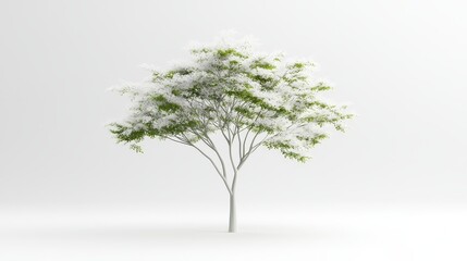 Obraz premium A solitary tree with white bark and green foliage stands against a minimalist white backdrop. The image symbolizes growth, nature, and simplicity.