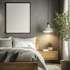 Mockup of a 4x5 vertical wooden frame in a modern, natural bedroom interior with a cozy light and green plants. Artwork, poster, art print, wall art mockup.
