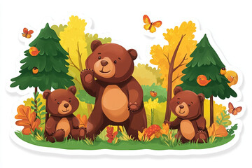 Fototapeta premium bears forest wildlife cute animals autumn nature butterflies tree leaves family playful cartoon character outdoor scene greenery seasonal happy animal friends charming 