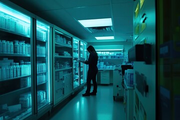 Biologic coordinator coordinating research samples with copyspace, labeled vials neatly organized. Bright, fluorescent light. Advanced research facility background.