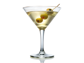 A Dirty Martini in a classic martini glass. The pale olive green liquid is slightly cloudy from olive brine. Garnished with green olives on a cocktail pick. Served chilled, near the rim of the glass