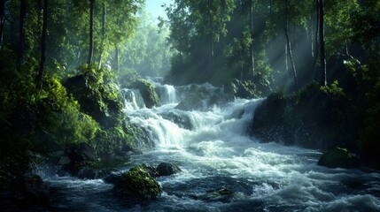 Obraz premium A cascading waterfall flows through a lush, green forest, bathed in the soft light of the sun.