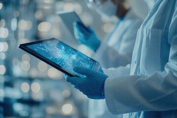 Biologic coordinator discussing results with a colleague over a tablet with copyspace, data charts visible. Soft, focused light. High-tech biology lab background.