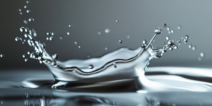 A shimmering silver oil liquid splash captured in a graceful, fluid motion with floating droplets adding depth to the scene.