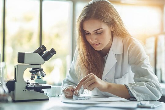 Biologic coordinator analyzing microscope slides with copyspace, lab notes scattered on the table. Cool, sterile light. Modern laboratory background.