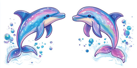 Fototapeta premium dolphins marine life ocean sea creatures aquatic animals wildlife blue purple jumping dolphins playful dolphins cartoon dolphins marine illustration animal art aquatic theme 