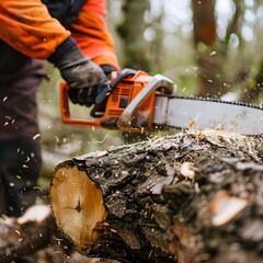 Chainsaw Cutting Through Tree Trunk in Forest