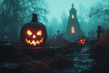 Fototapeta premium Abandoned scary house near the cemetery in the forest with pumpkins, a full moon, bats and fog. Pumpkins In Graveyard In The Spooky Night, Halloween Backdrop