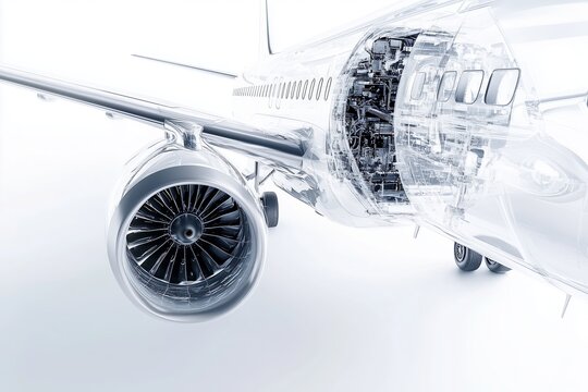 A dynamic 3D of a modern airplane with semi transparent elements, showing a view of its internal