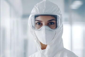 Biologic coordinator overseeing a lab experiment with copyspace, wearing protective gear. Clinical, white light. Sterile, state-of-the-art lab background.