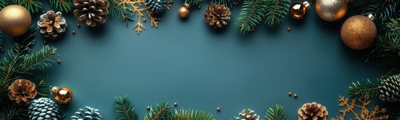 Christmas decorations on a green background with pine cones and fir branches