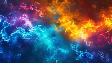 Fototapeta premium abstract fire with a vibrant mix of blue, neon, yellow, and other colors blending together in the background