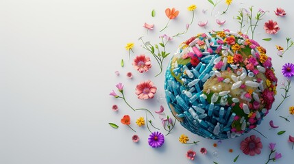 A detailed representation of Earth wrapped in plastic waste, surrounded by blooming flowers. This image portrays the impact of human activity on the environment, emphasizing the pressing need for