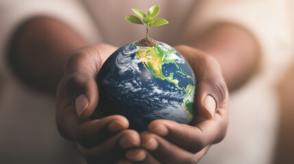 Earth Gently Held by Human Hands with Growing Plant – Symbol of Sustainability and Environmental Care