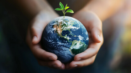 Earth Gently Held by Human Hands with Growing Plant – Symbol of Sustainability and Environmental Care