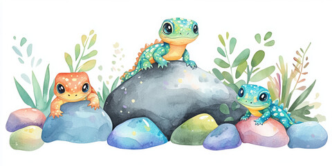 Naklejka premium frogs rocks colorful frogs green frog orange frog blue frog cartoon frogs nature amphibians wildlife cute animals illustration vibrant colors playful frogs stones