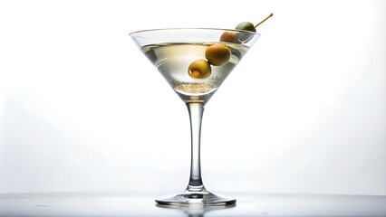A Dirty Martini in a classic martini glass. The pale olive green liquid is slightly cloudy from olive brine. Garnished with green olives on a cocktail pick. Served chilled, near the rim of the glass