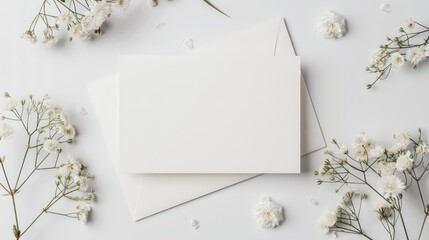 A blank white card with an envelope and white flowers on a white background.