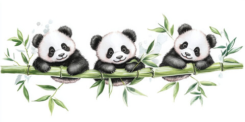 Obraz premium panda cute panda adorable pandas bamboo animal illustration cartoon pandas playful pandas wildlife art panda family digital art animals in nature cartoon animals 