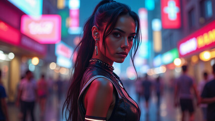 Incredibly beautiful girl in cyberpunk style with Japanese signs on the background. Neon style