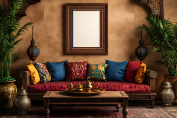 A vibrant Moroccan-style living room with a front-facing perspective. One large, white photo frame on the wall. Mockup for photos and art.