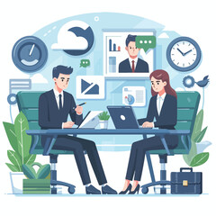 Partners meeting for business discussion with documents and laptop on desk. Couple at round table, speaking, discussing work, partnership. Flat vector illustration isolated on white background