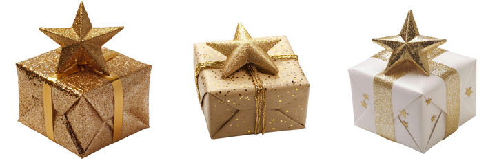 set of a Christmas gift with a golden star decoration on a transparent background