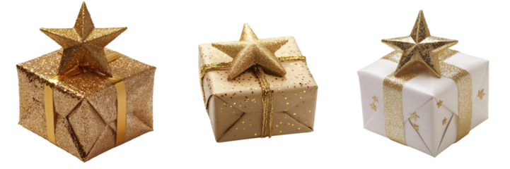 set of a Christmas gift with a golden star decoration on a transparent background