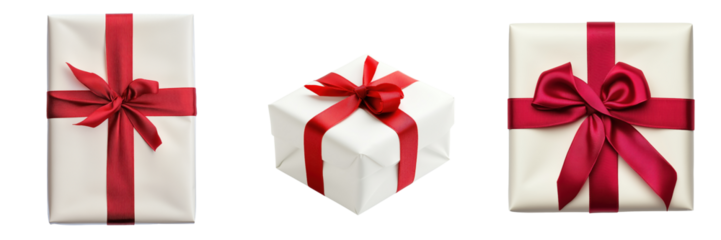 set of a Christmas gift wrapped in elegant white paper with a red ribbon on a transparent background