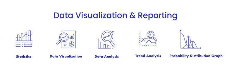 Data Visualization & Reporting. Icons included: Data Visualization, Probability Distribution Graph, Data Analysis, Trend Analysis, Statistics.