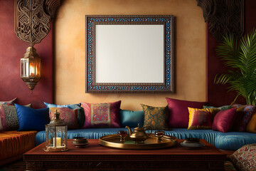 A vibrant Moroccan-style living room with a front-facing perspective. One large, white photo frame on the wall. Mockup for photos and art.
