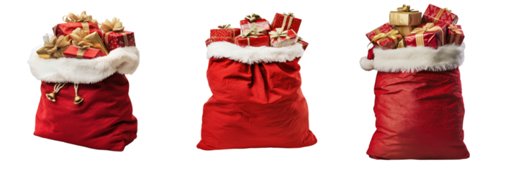 set of A Santa Claus bag filled with presents on a transparent background