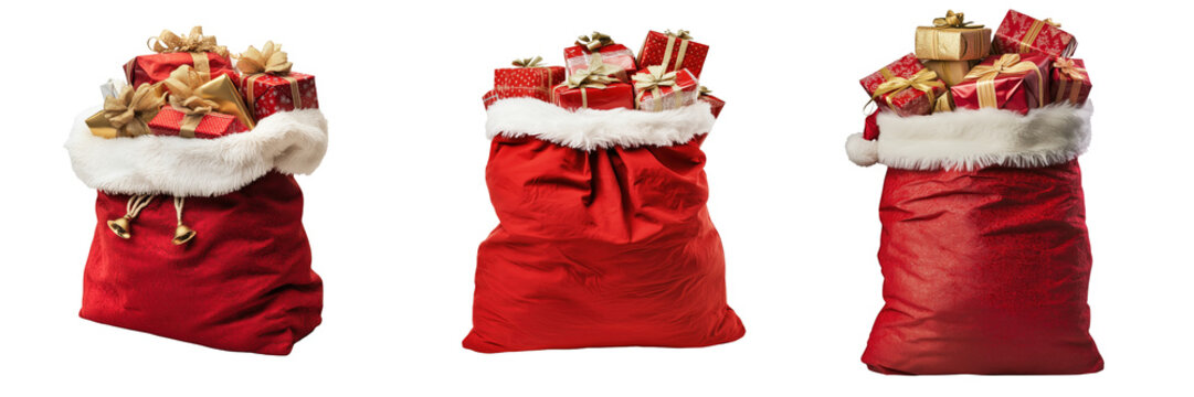 set of A Santa Claus bag filled with presents on a transparent background