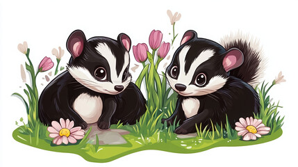 Fototapeta premium badger animal cute wildlife nature grass cartoon illustration furry mammals two badgers playful badgers animal friends forest creatures adorable animals