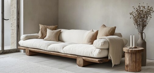 Rustic Minimalism A low angle view of a white linen sofa on a rough wooden frame with dried flowers and candles showcasing a simple natural aesthetic