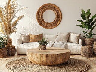 Rustic Living Room with Wicker Accents Wooden Coffee Table A Warm Inviting Atmosphere